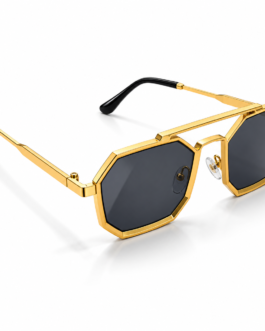 Unisex Geometric Octagon Sunglasses for Men & Women | Gold-Tone Frame with Dark Smoke Lenses | Bold Retro Streetwear Fashion Eyewear
