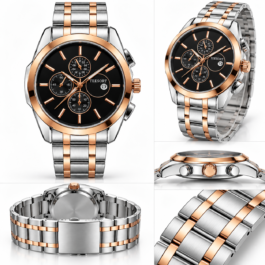 Men’s Two-Tone Analog Quartz Watch | Black Dial | Silver & Rose Gold-Tone Metal Bracelet | Date Display | Chronograph-Style Multi-Dial Wrist Watch
