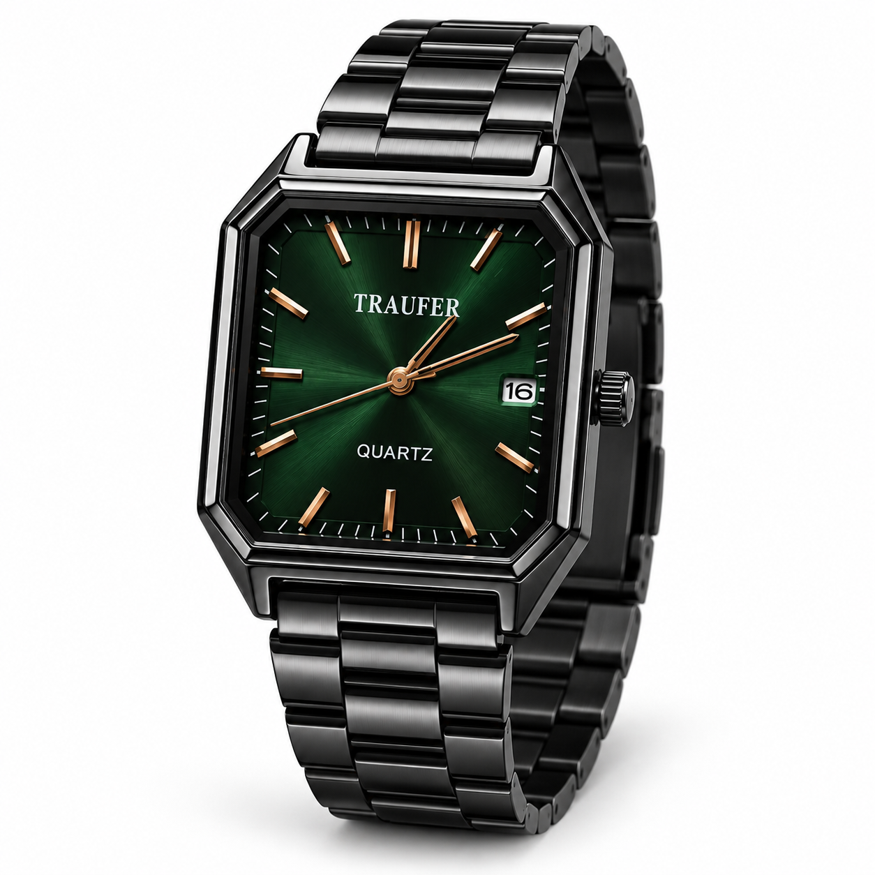 Men’s Rectangular Analog Quartz Watch | Gradient Green Sunburst Dial | Black Metal Bracelet | Date Display | Modern Geometric Wrist Watch for Office, Party & Everyday Wear - Image 5