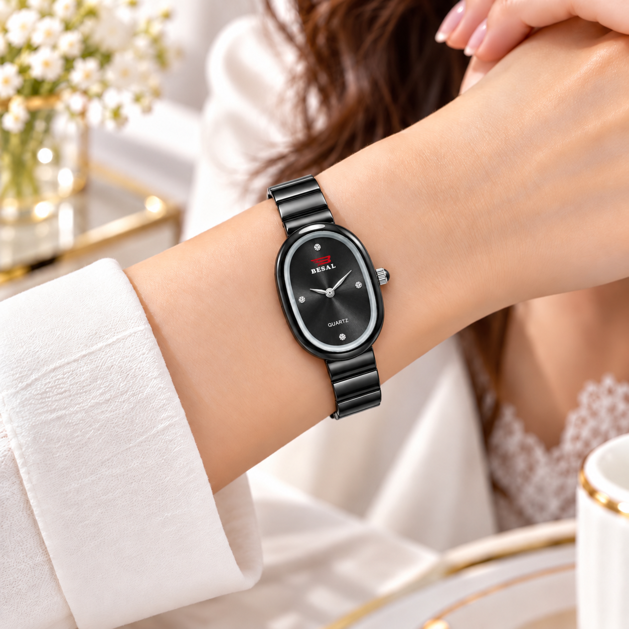 BESAL Women's Black Dial Analog Quartz Watch | Elegant Oval Case | Premium Black-Tone Metal Stretch Bracelet | Minimalist Dial with Crystal-Style Markers | Stylish Casual, Office & Party Wear Wrist Watch for Ladies - Image 5