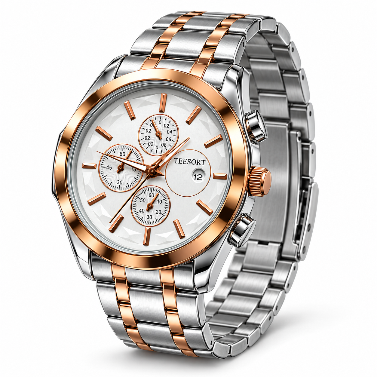 Men’s Two-Tone Analog Quartz Watch | White Dial | Silver & Rose Gold-Tone Metal Bracelet | Date Display | Chronograph-Style Multi-Dial Wrist Watch - Image 2