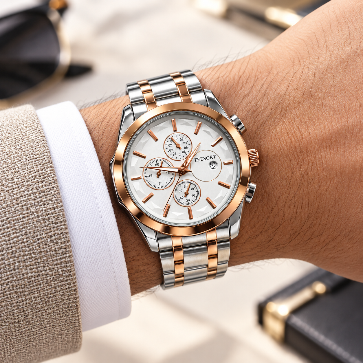 Men’s Two-Tone Analog Quartz Watch | White Dial | Silver & Rose Gold-Tone Metal Bracelet | Date Display | Chronograph-Style Multi-Dial Wrist Watch - Image 5