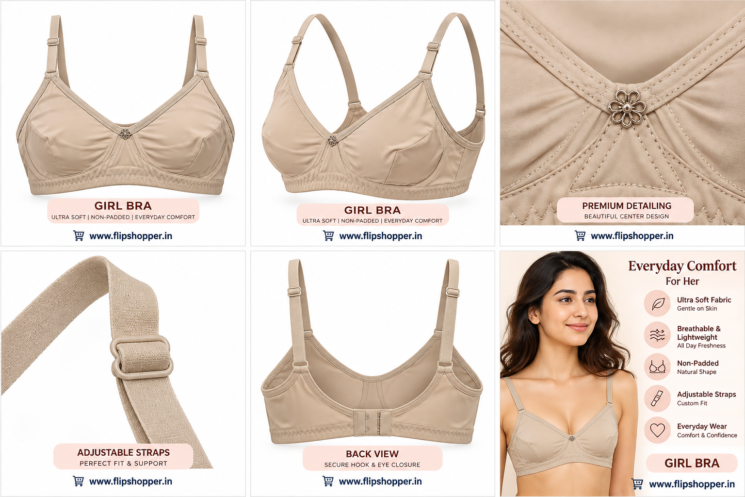 Girls Ultra-Soft Non-Padded Everyday Comfort Bra with Adjustable Straps, Floral Design & Hook Closure – Beige - Image 5