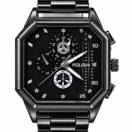 POLISHI Men’s Black Dial Analog Fashion Watch | Premium Black Metal Link Bracelet | Bold Geometric Square-Octagonal Case | Multifunction-Style Multi-Dial Design | Stylish Casual, Formal & Everyday Wrist Watch for Men