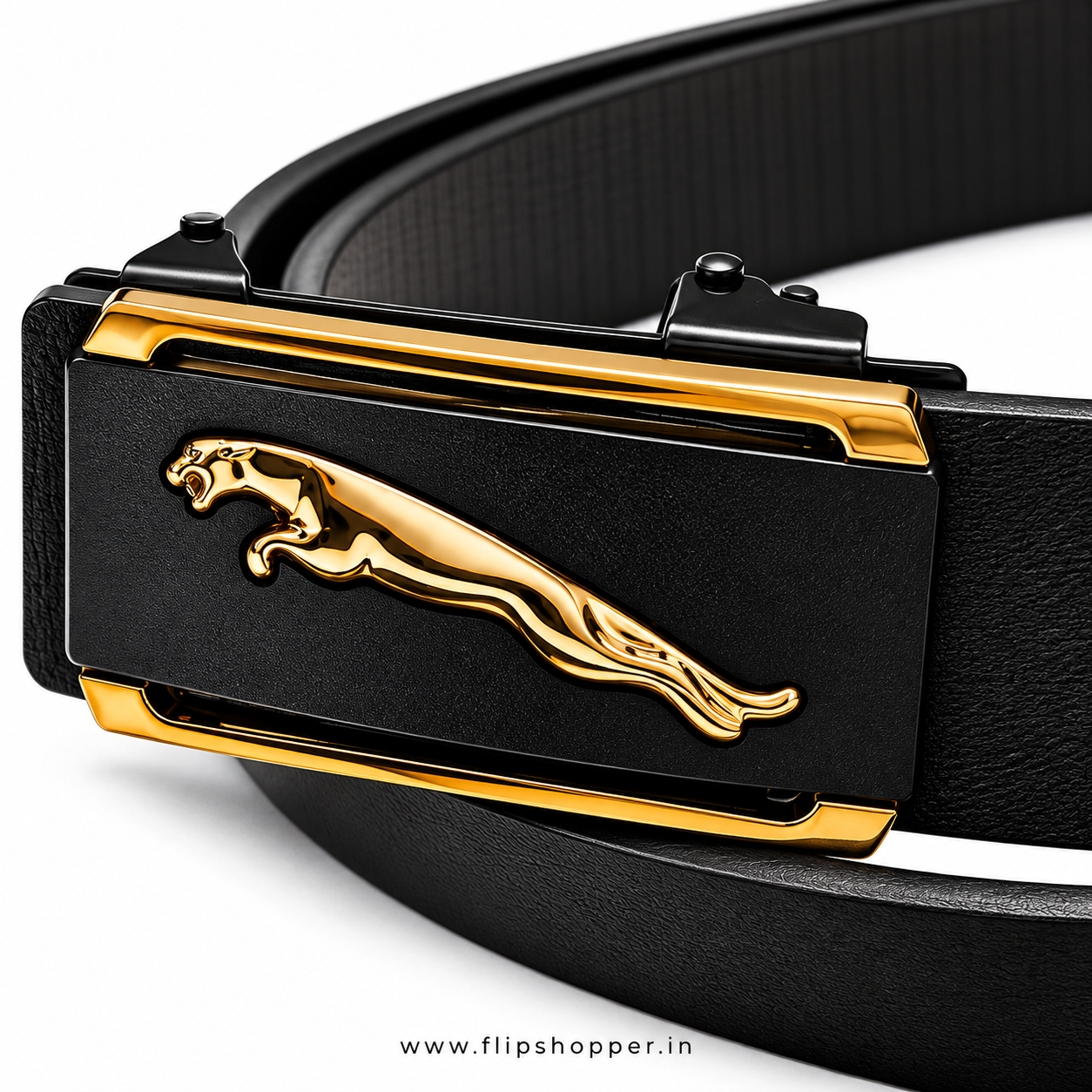 Premium Men's Black Automatic Ratchet Belt with Gold-Tone Leaping Cat Buckle | Textured Leather-Look Strap | Micro-Adjustable Waist Belt for Formal, Office & Casual Wear - Image 4