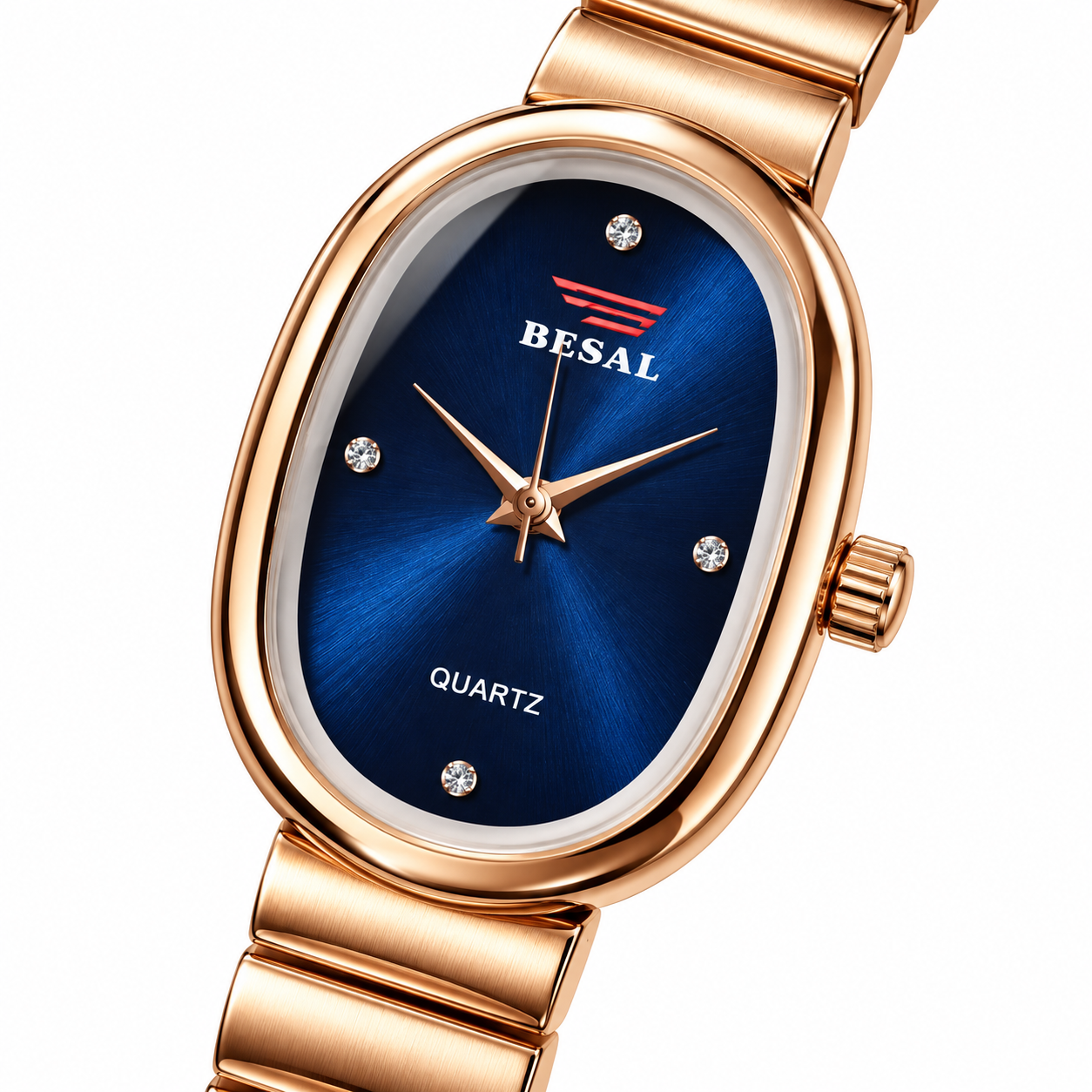 BESAL Women's Navy Blue Dial Analog Quartz Watch | Elegant Oval Rose Gold-Tone Case | Premium Rose Gold-Tone Metal Stretch Bracelet | Sunburst Dial with Crystal-Style Markers | Stylish Casual, Office & Party Wear Watch for Ladies - Image 3
